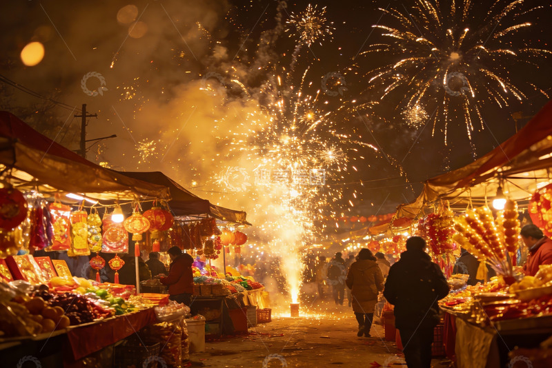 高清大图下载【趣麦麦图】夜市烟花璀璨热闹非凡