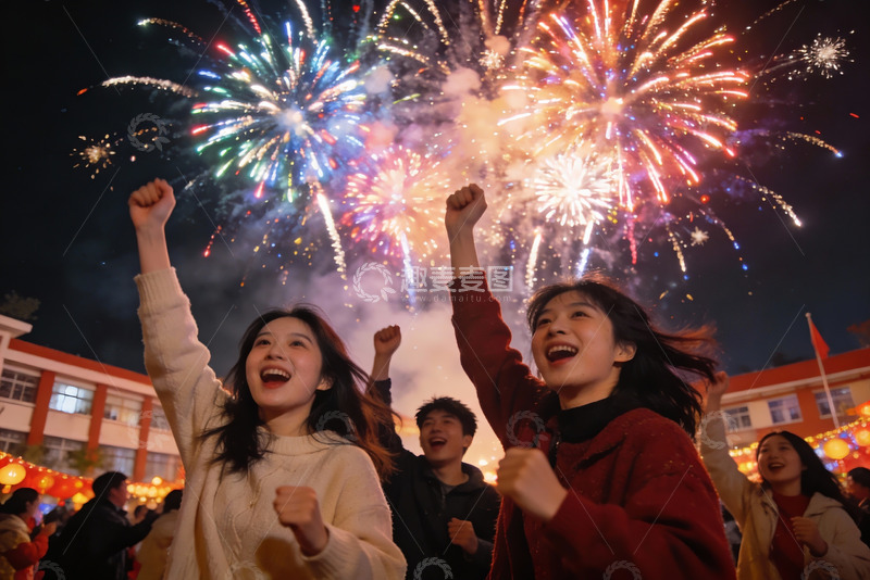 高清大图下载【趣麦麦图】夜空烟花下人群欢庆场景