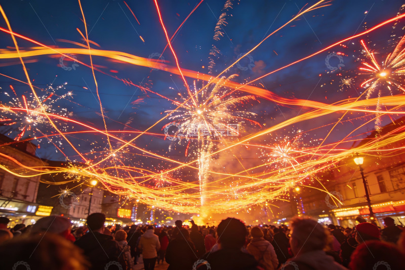 高清大图下载【趣麦麦图】夜空烟花绽放人群欢聚