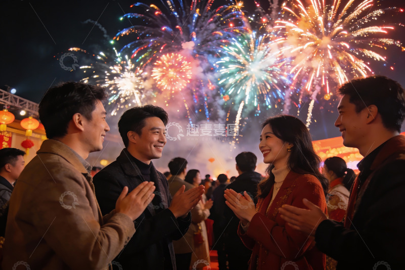 高清大图下载【趣麦麦图】烟花夜空中人群欢庆
