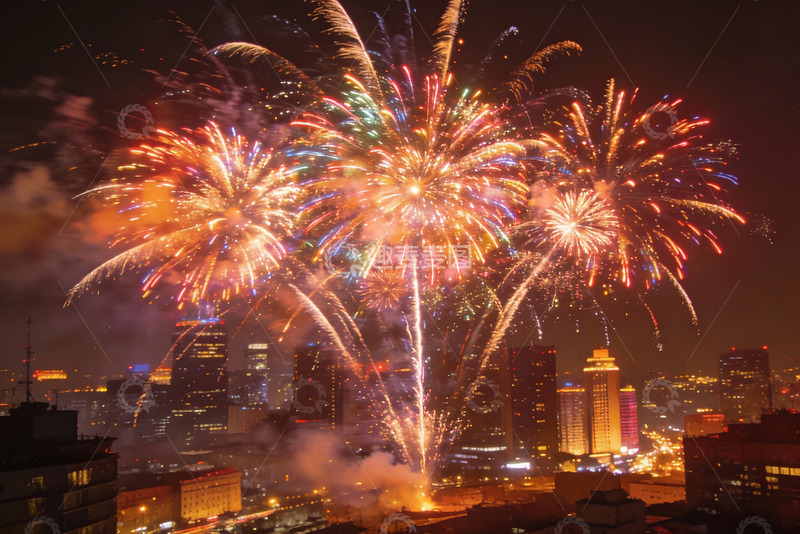 高清大图下载【趣麦麦图】夜空烟花绽放城市夜景