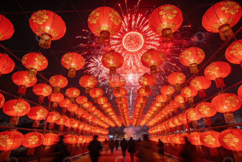 高清大图下载【趣麦麦图】夜空烟花红灯笼街道