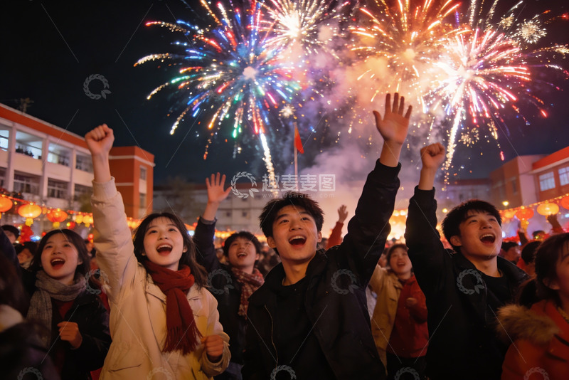 高清大图下载【趣麦麦图】夜空烟花下人群欢庆场景
