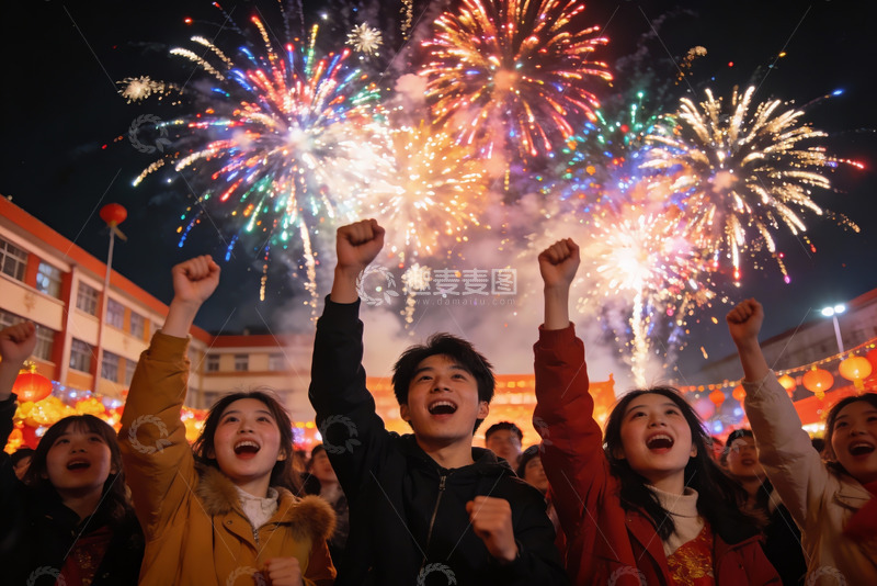 高清大图下载【趣麦麦图】夜空中绽放烟花人群欢呼庆祝