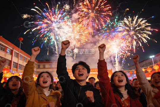 夜空中绽放烟花人群欢呼庆祝