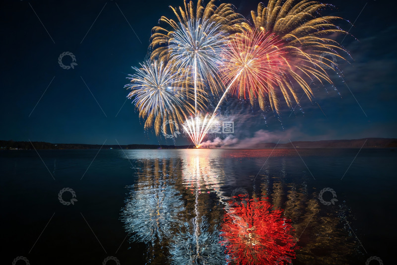 高清大图下载【趣麦麦图】夜空烟花倒映湖面绚丽绽放