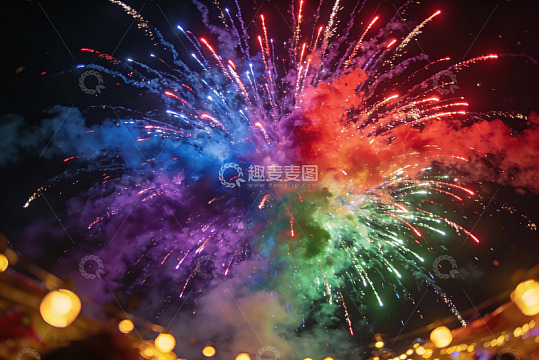 夜空中绚丽多彩的烟花绽放