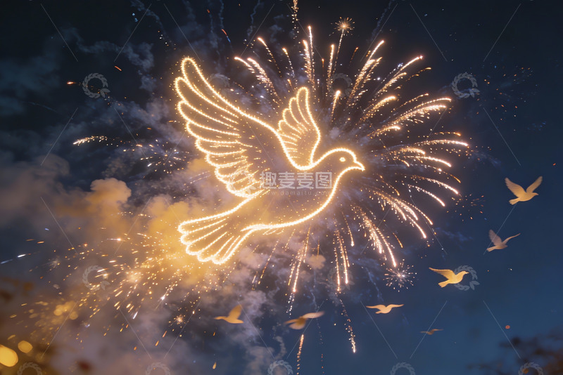 高清大图下载【趣麦麦图】烟花鸽子夜空绽放和平象征