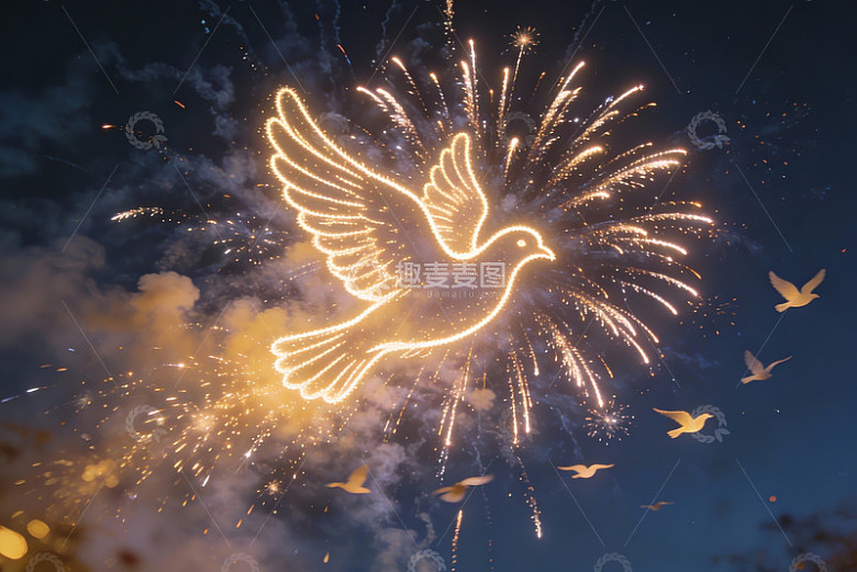 烟花鸽子夜空绽放和平象征