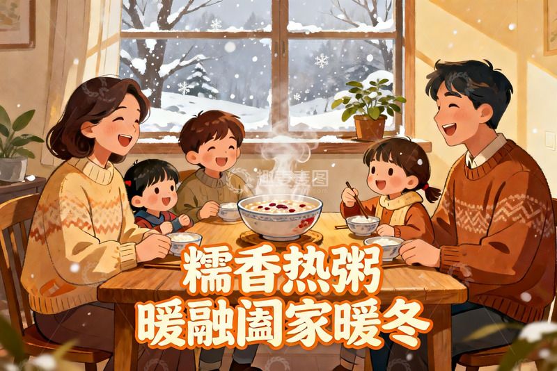 高清大图下载【趣麦麦图】冬日家庭围坐喝粥温馨场景