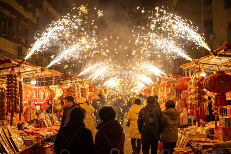 高清大图下载【趣麦麦图】夜市烟花璀璨人群熙攘