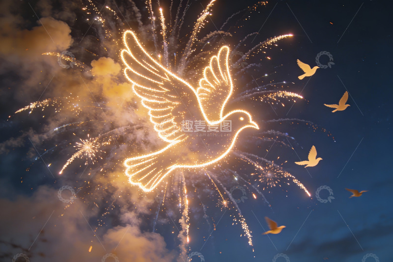 高清大图下载【趣麦麦图】烟花鸽子夜空绽放和平象征