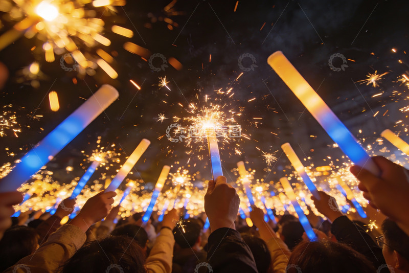 高清大图下载【趣麦麦图】夜空中烟花棒绽放人群欢庆