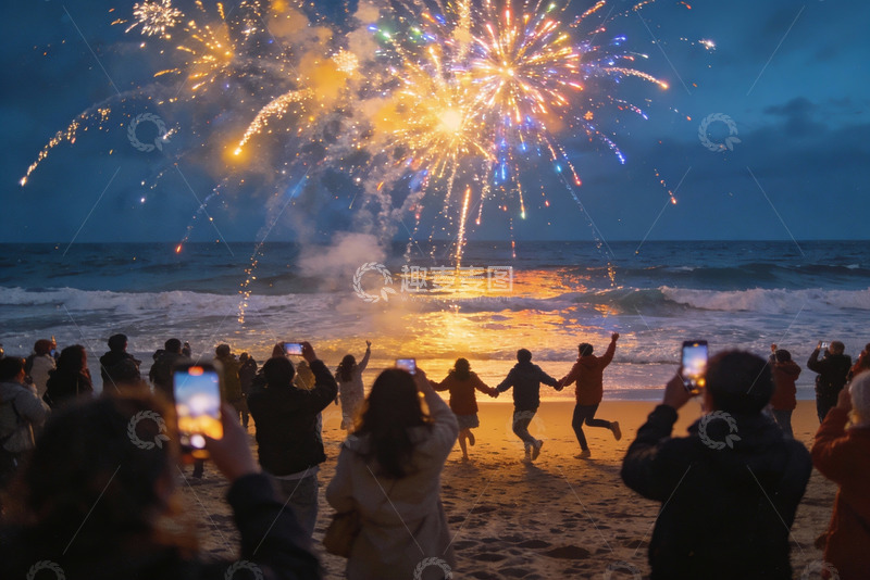 高清大图下载【趣麦麦图】海滩烟花夜游人拍照欢庆
