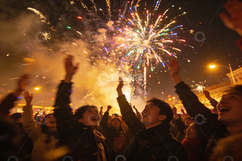 高清大图下载【趣麦麦图】夜空中绽放烟花人群欢庆