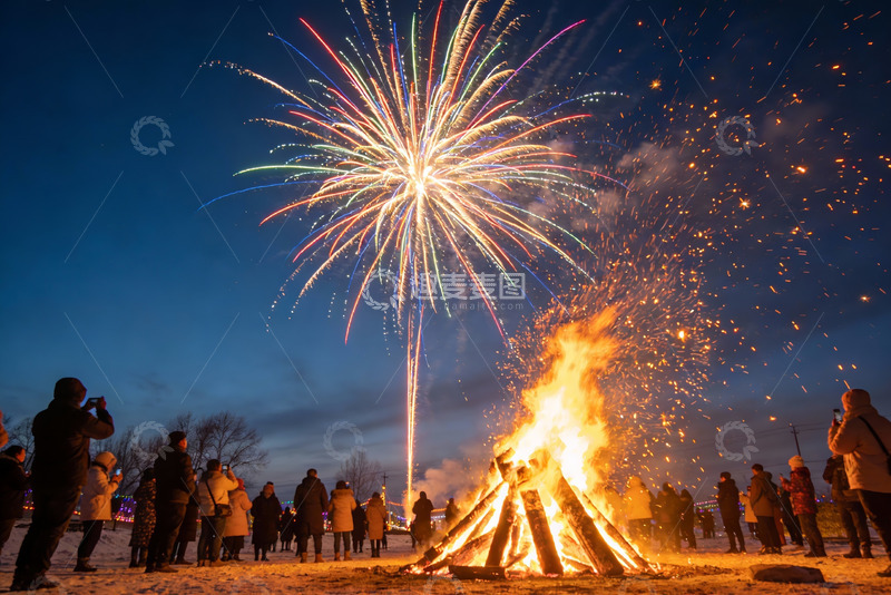 高清大图下载【趣麦麦图】夜空烟花与篝火人群
