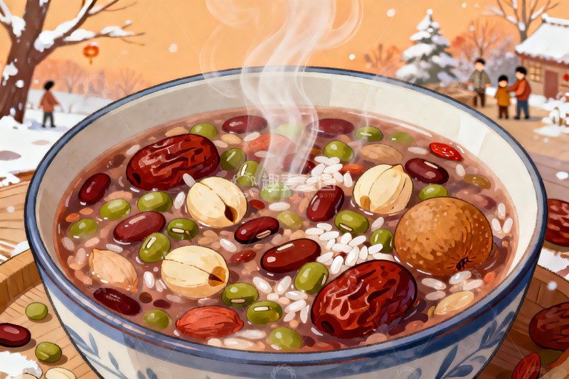 高清大图下载【趣麦麦图】热气腾腾的腊八粥冬日场景