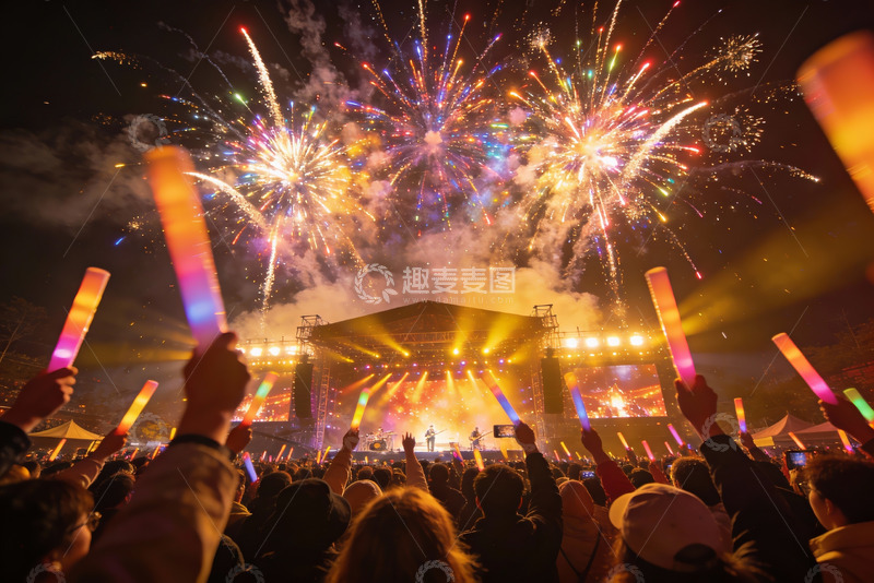 高清大图下载【趣麦麦图】夜空烟花秀人群挥棒欢呼