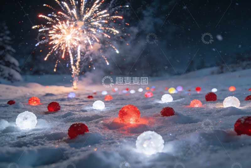 高清大图下载【趣麦麦图】雪地烟花与彩灯夜景