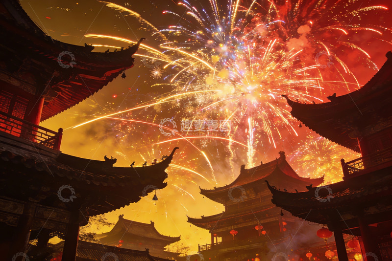 高清大图下载【趣麦麦图】夜空烟花绽放古建筑