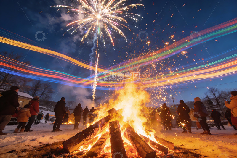 高清大图下载【趣麦麦图】雪夜篝火烟花晚会人群