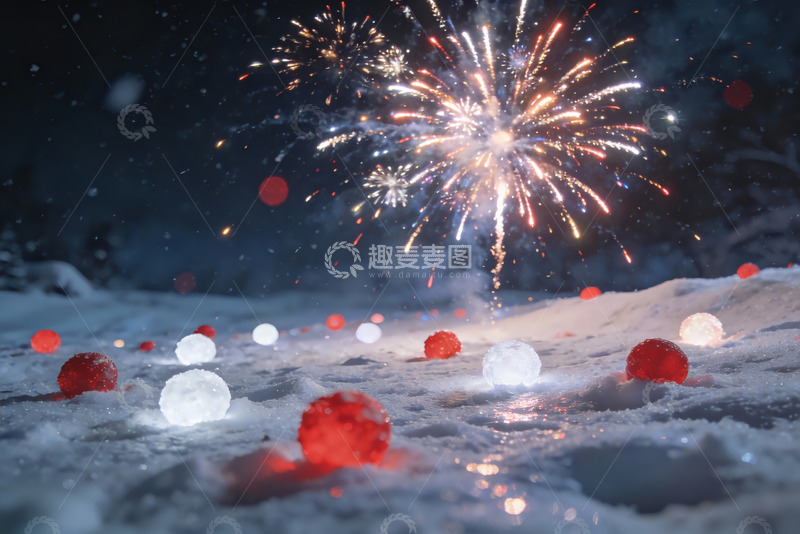 高清大图下载【趣麦麦图】雪地烟花璀璨夜景