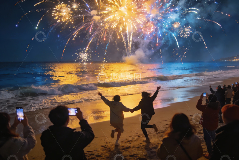 高清大图下载【趣麦麦图】海滩夜空烟花秀众人拍照留念