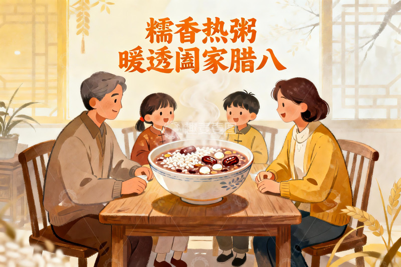 高清大图下载【趣麦麦图】家庭围坐吃腊八粥温馨场景