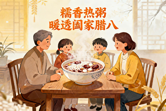 家庭围坐吃腊八粥温馨场景