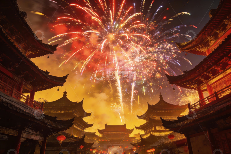 高清大图下载【趣麦麦图】古建筑夜空烟花绽放