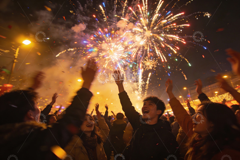 高清大图下载【趣麦麦图】夜空中绽放烟花人群欢庆