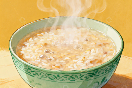 热气腾腾的米粥盛在青花瓷碗中