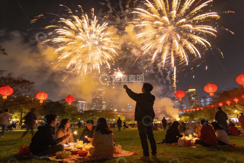 高清大图下载【趣麦麦图】夜空烟花璀璨人群欢聚野餐