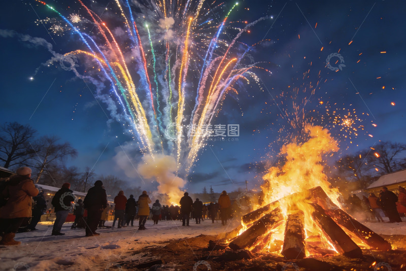 高清大图下载【趣麦麦图】雪夜篝火烟花晚会