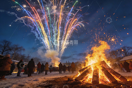 雪夜篝火烟花晚会