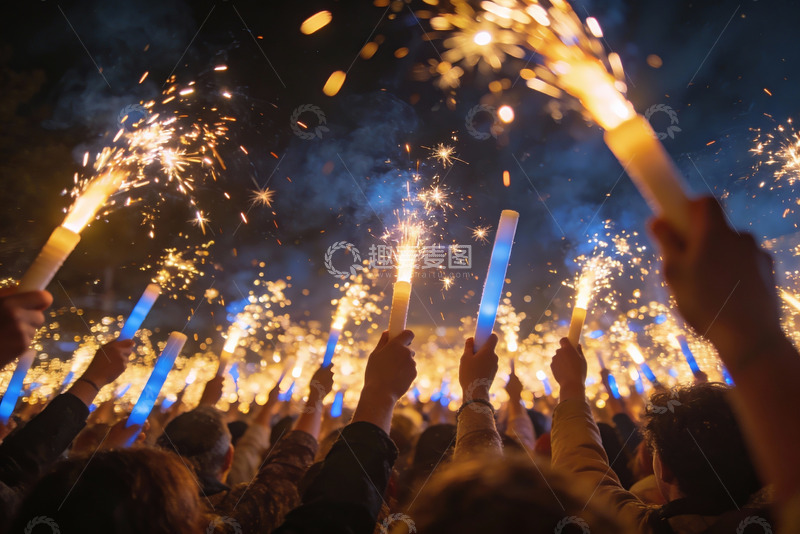 高清大图下载【趣麦麦图】夜空中绽放的烟花与人群
