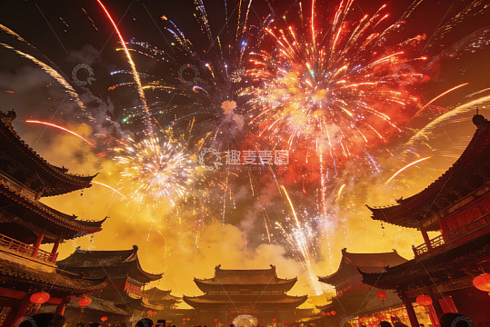 夜空中绽放的绚丽烟花与古建筑