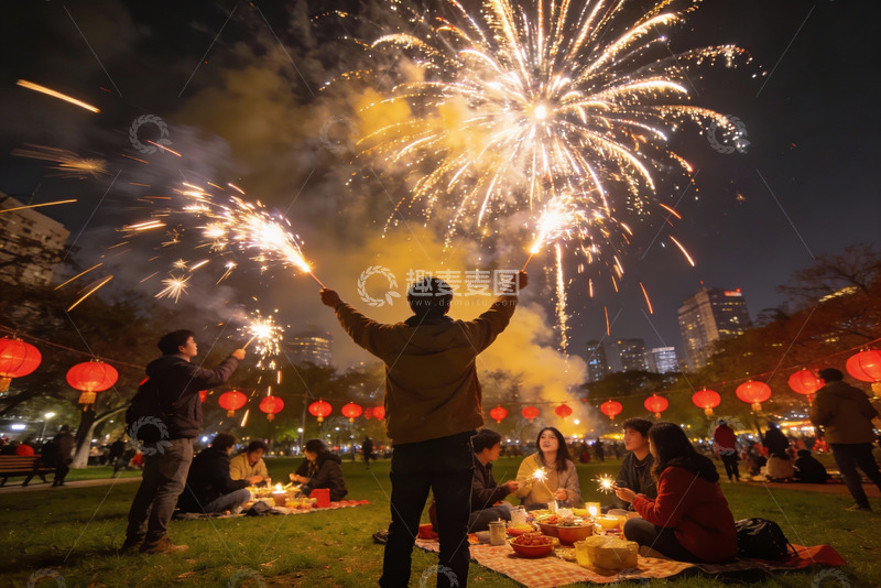 高清大图下载【趣麦麦图】夜公园烟花晚会众人欢聚