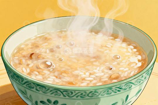 热气腾腾的米粥盛在青花瓷碗中