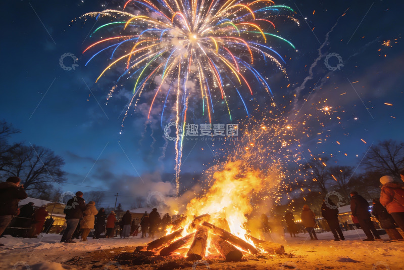 高清大图下载【趣麦麦图】雪地篝火烟花夜