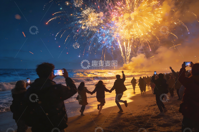 高清大图下载【趣麦麦图】海滩烟花夜游人拍照欢庆