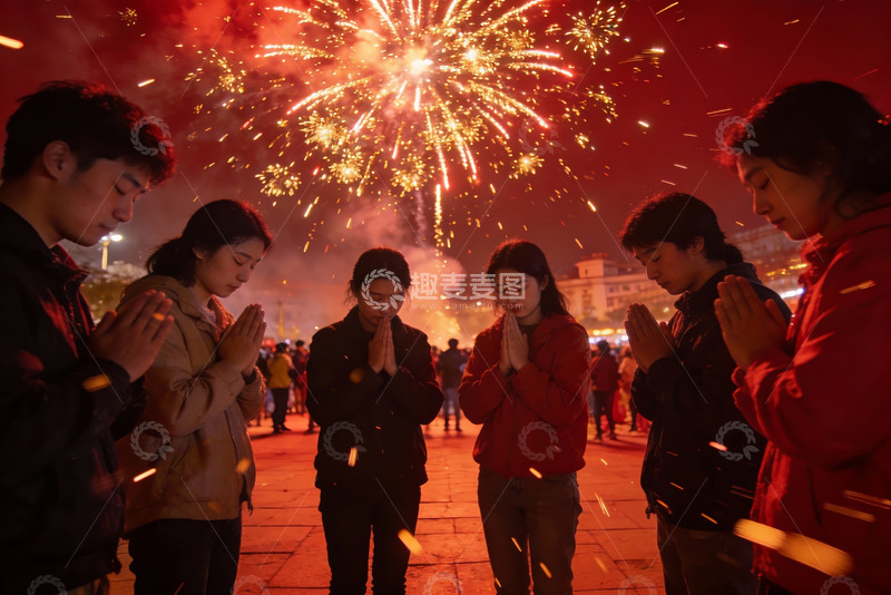 高清大图下载【趣麦麦图】烟花下众人合掌祈福