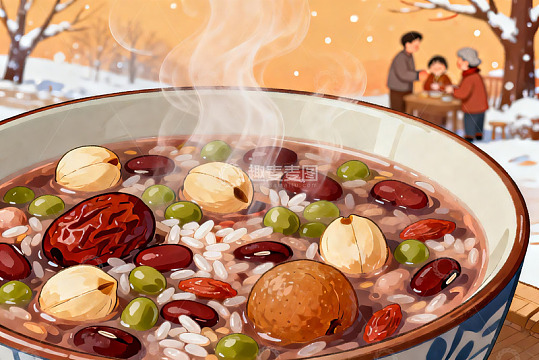 热气腾腾的腊八粥与雪景
