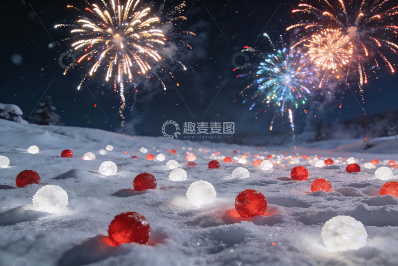 高清大图下载【趣麦麦图】雪地烟花璀璨夜景