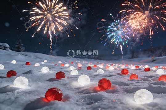 雪地烟花璀璨夜景