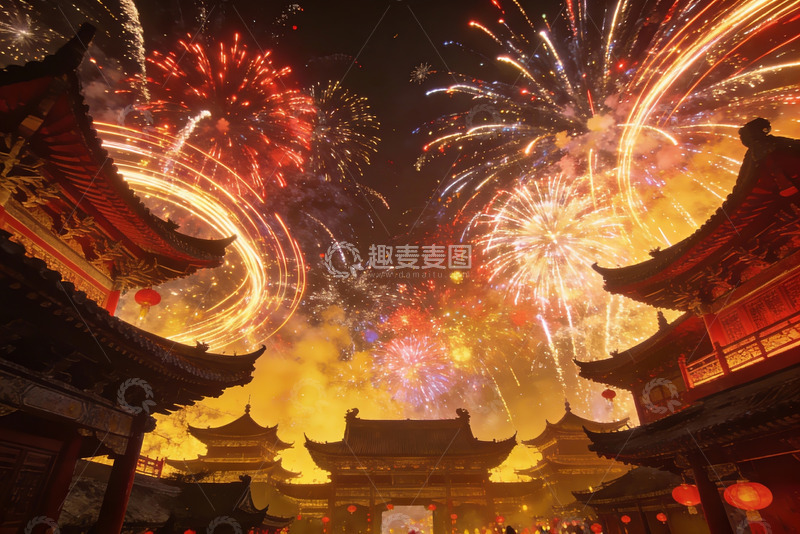 高清大图下载【趣麦麦图】夜空烟花绽放古建筑