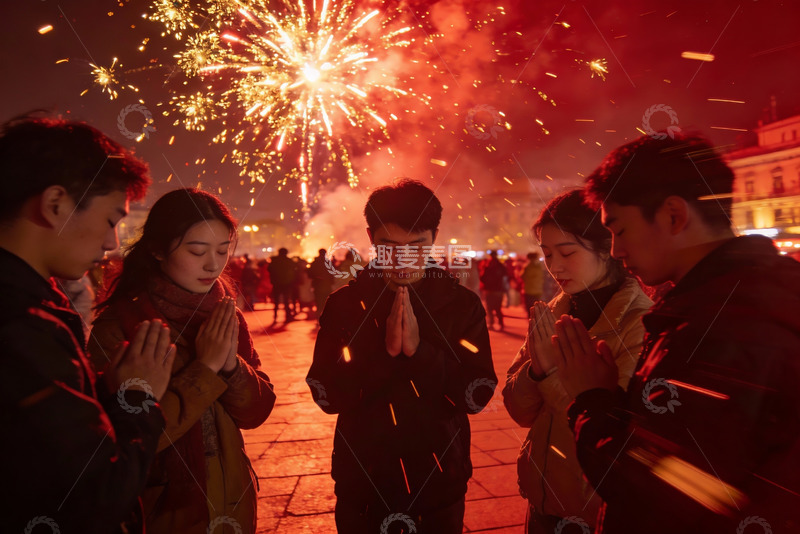 高清大图下载【趣麦麦图】夜空中烟花绽放众人合掌祈福