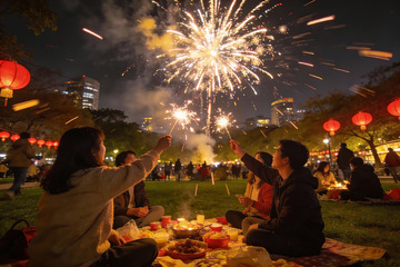 夜公园烟花派对人群欢聚