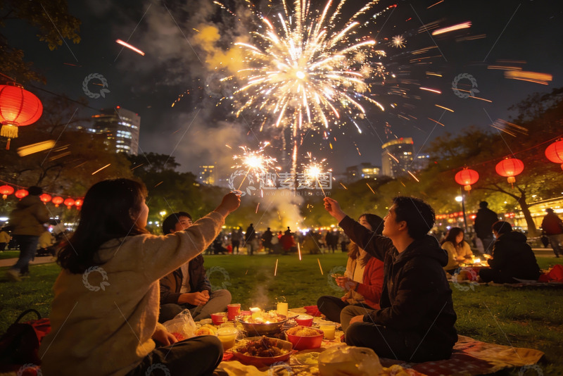 高清大图下载【趣麦麦图】-夜公园烟花派对人群欢聚