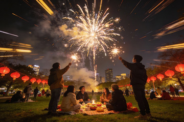 夜公园烟花晚会众人欢聚
